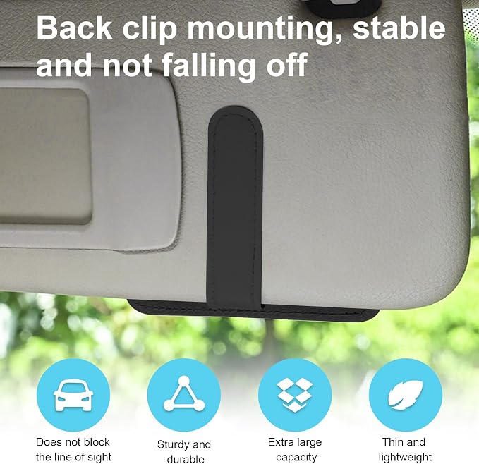 2PCS Small Leather Car Sun Visor Organizer, Multifunctional Auto Visor Document Holder with Sunglasses Clip, Universal Car Interior Organizer for Drving License, Card, Pen (Black)