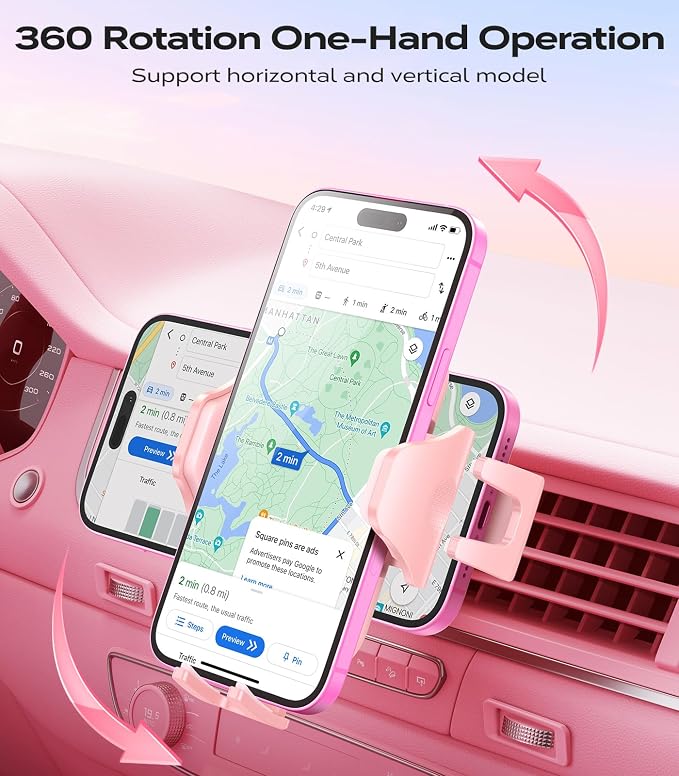 Ultra Stable Pink Phone Holders for Your Car [Never Fall Off & Break] Universal Vent Cell Phone Mount for Car Easy Clamp Automobile Cradle for iPhone 17 Pro Max 16 15 14 Car Accessories Women