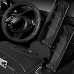 6 Pcs Black Car Accessories Set, Sport Leather Steering Wheel Cover 14.5-15inch Universal, Car Center Console Cover, Seat Belt Cushion, Cup Holder Coaster (Black Carbon Fiber)