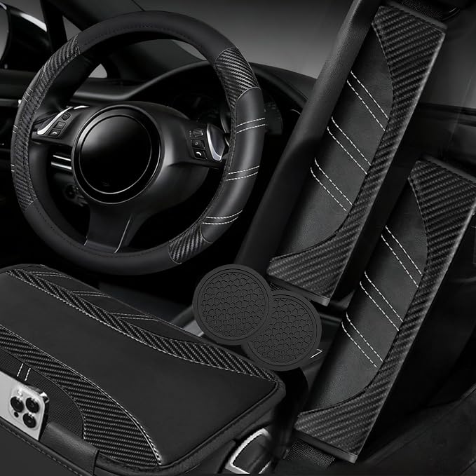 6 Pcs Black Car Accessories Set, Sport Leather Steering Wheel Cover 14.5-15inch Universal, Car Center Console Cover, Seat Belt Cushion, Cup Holder Coaster (Black Carbon Fiber)