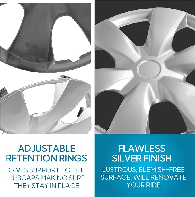 15 Inch OEM Design Hubcaps for Car Automobiles, Refresh Your Car's Look, Exterior Car Accessories Hub Caps, Durable Secure Adjustable Fit with Metal Retention Rings - Fits 15" Rims Wheels