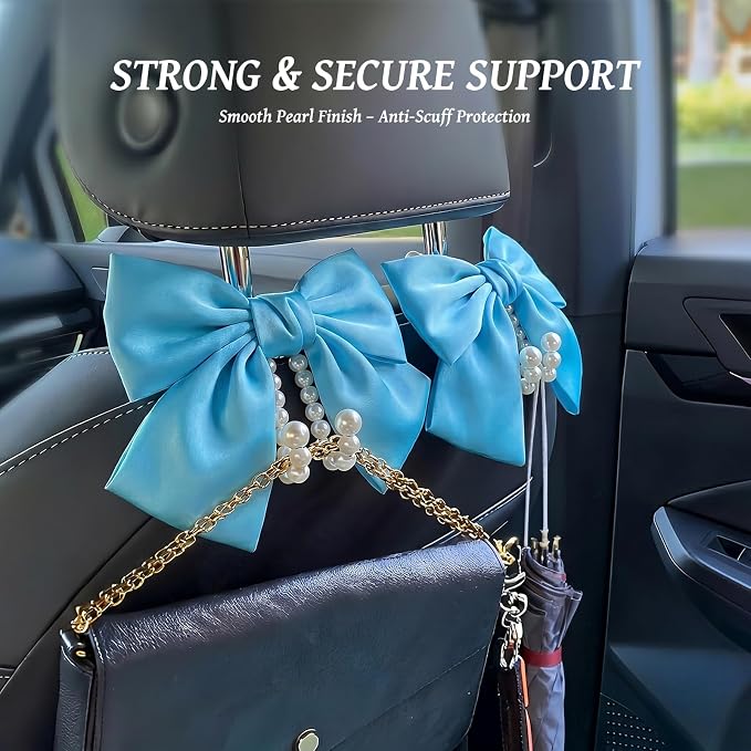 2 PCS Bow Pearl Car Seat Headrest Hook – Cute Purse Hook for Car, Girly Interior Decoration Accessories Hook Hanger, Seatback Holder for Purses & Bags, Elegant Car Organizer (Sky Blue)