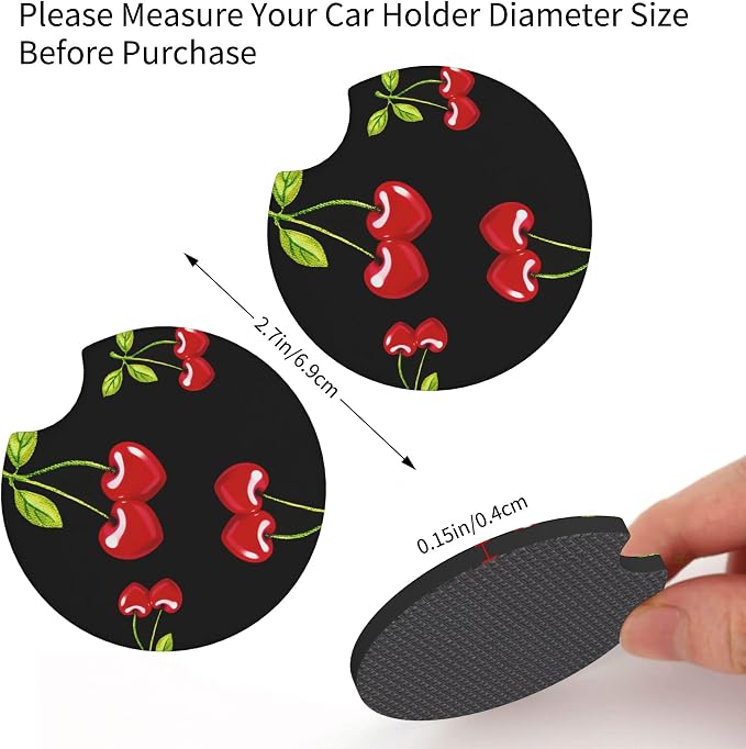 Cherry Hearts Red 3-Pc Car Set :Steering Wheel Cover + 2 Pc Car Coasters | neoprene Non-Slip Breathable Elasticity Universal for 14-15 Inch Car for Men Women
