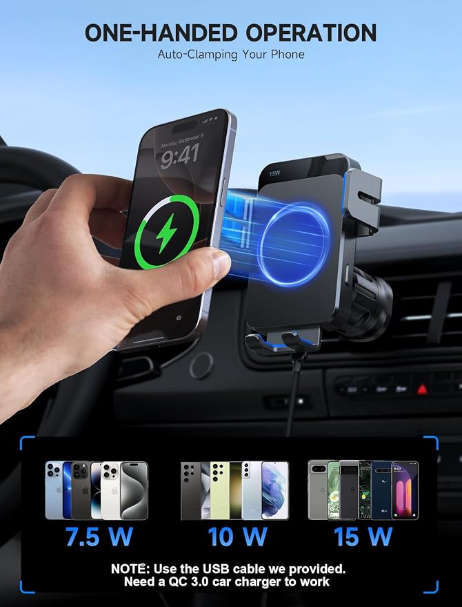 Wireless Car Charger, 15W Auto Clamping Car Charger Dash Windshield Air Vent Phone Holder Compatible with iPhone 16 15 14/13/13 Pro/12 pro/12/11/X/8, Samsung S24/S23/S22, Blue