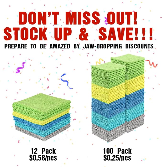 Microfiber Cleaning Cloths, 100 Pack Microfiber Towels for Cars, Lint & Scratch-Free Bulk Cleaning Rags for House, Kitchen, Car and Shop, Multicolor Absorbent Cleaning Towels 11.5 x 11.5 inch