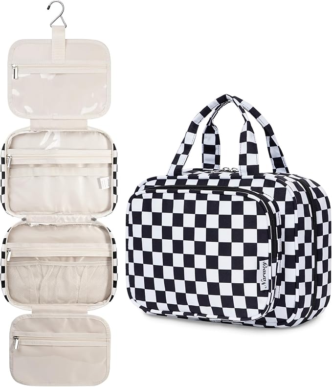 Hanging Toiletry Bag for Women Travel Makeup Bag Organizer Toiletries Bag for Travel Size Essentials Accessories Cosmetics (Black Checkerboard (Medium))