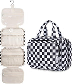 Hanging Toiletry Bag for Women Travel Makeup Bag Organizer Toiletries Bag for Travel Size Essentials Accessories Cosmetics (Black Checkerboard (Medium))