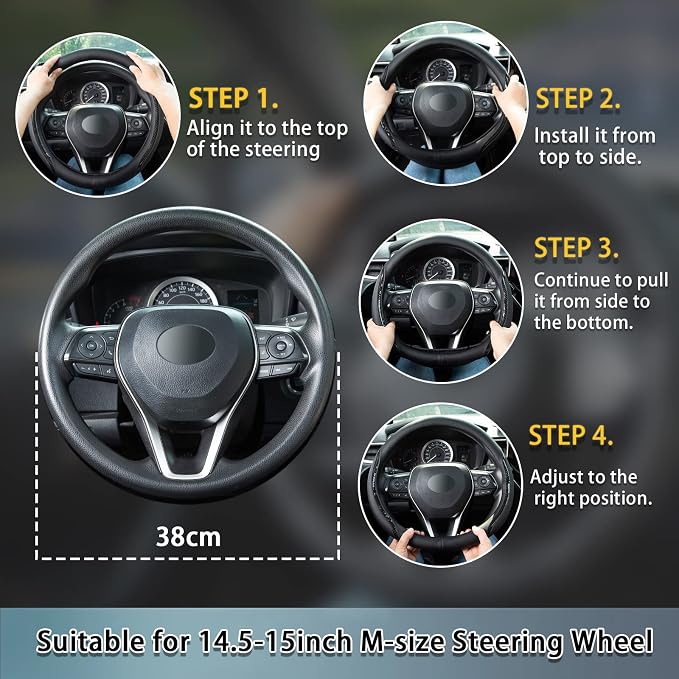Steering Wheel Cover Blue and Black Leather Universal 14.5-15 inch | Carbon Fiber Car Steering Wheel Covers with Coasters Microfiber Breathable Anti-Slip Steering Wheel Accessories Set