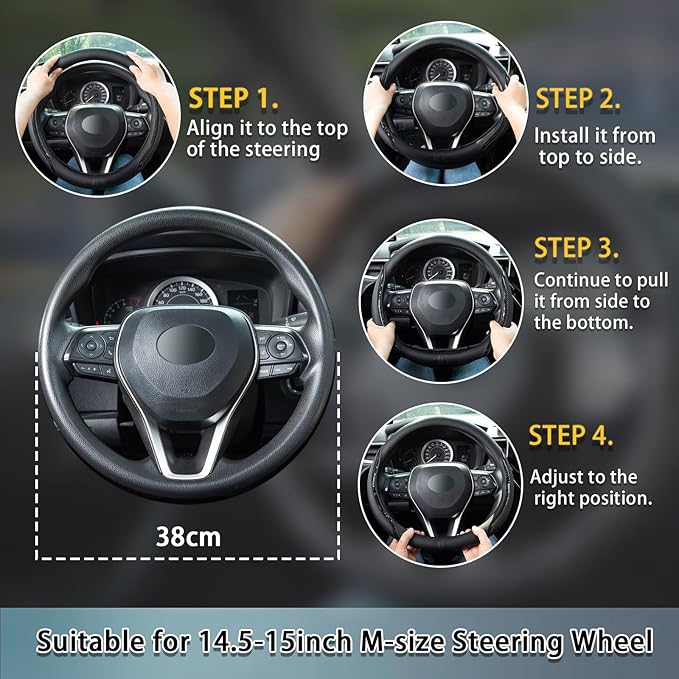 Beige Steering Wheel Cover with Coasters Leather Universal 15 inch | Carbon Fiber Car Steering Wheel Covers Microfiber Breathable Anti-Slip Durable Steering Wheel Accessories Set
