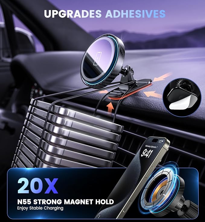 Magnetic Wireless Car Charger Mount, 15W Fast Charging Car Phone Holer for iPhone 17 16 15 14 13 12 Pro Max N52 Magnets,360°Rotation Dashboard/Vent Phone Holder Compatible with Magnetic Case