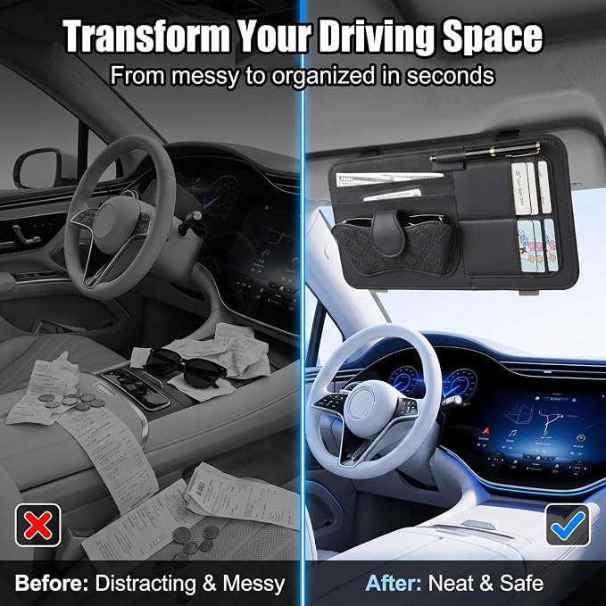 Car Sun Visor Organizer, Multi-Pocket Visor Storage Pouch for Sunglasses, Cards, Pens, Document, Waterproof Leather Auto Interior Organization Accessories, Universal for Most Cars (Black)