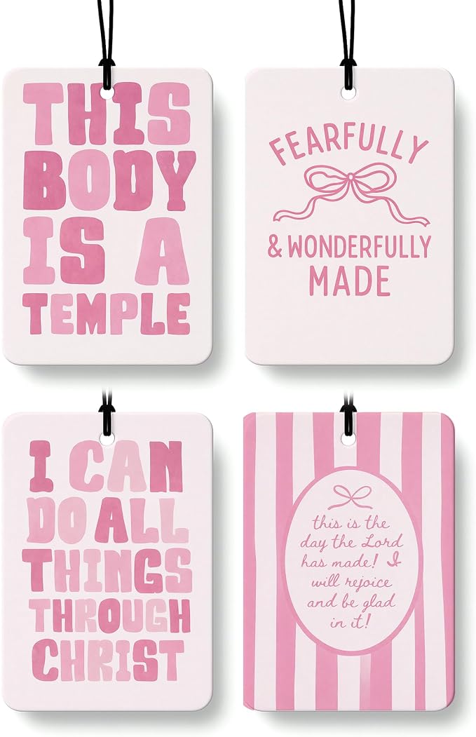 Pink Christian Car Air Freshener 4 Pcs Coconut Scented, Preppy Religious Bible Verse Car Accessories Mirror Decor for Women, Girly Christian Hanging Air Freshener for Cars Closet Drawer Books