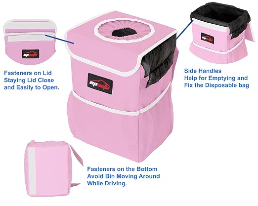 Waterproof Car Trash Can with Lid and Pockets, 2.5 Gal, Pink | Leakproof, Collapsible Multipurpose Car Bin with 3 Side Storage Pockets, Adjustable Straps
