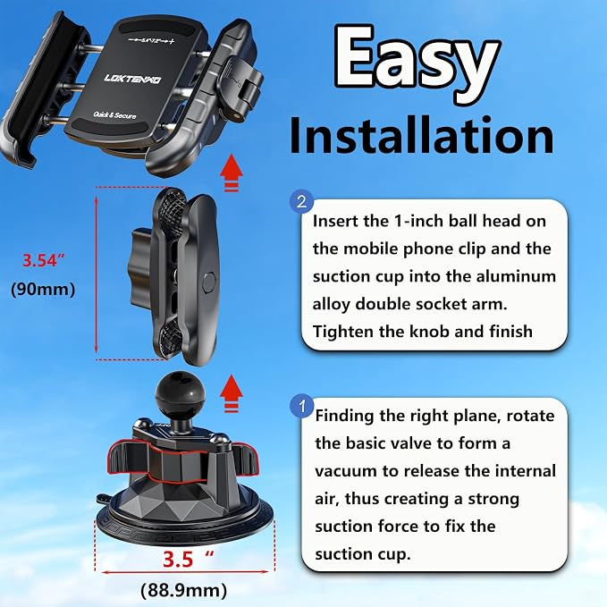 Car Phone Holder Mount with Vibration Dampener | [Camera Friendly] [1s Lock & Release] Twist-Lock Suction Cup Base for Vehicle Windshields, Fit 5.4''-7.2'' Smartphones