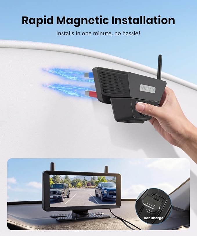 Solar Magnetic Wireless Backup Camera, 1-Min Easy Magnetic Install | Smart Detection Helps Spot Cars & Pedestrians, 7.2" 1080P Split Screen Monitor, Back Up Camera for Truck RV Trailer Camper