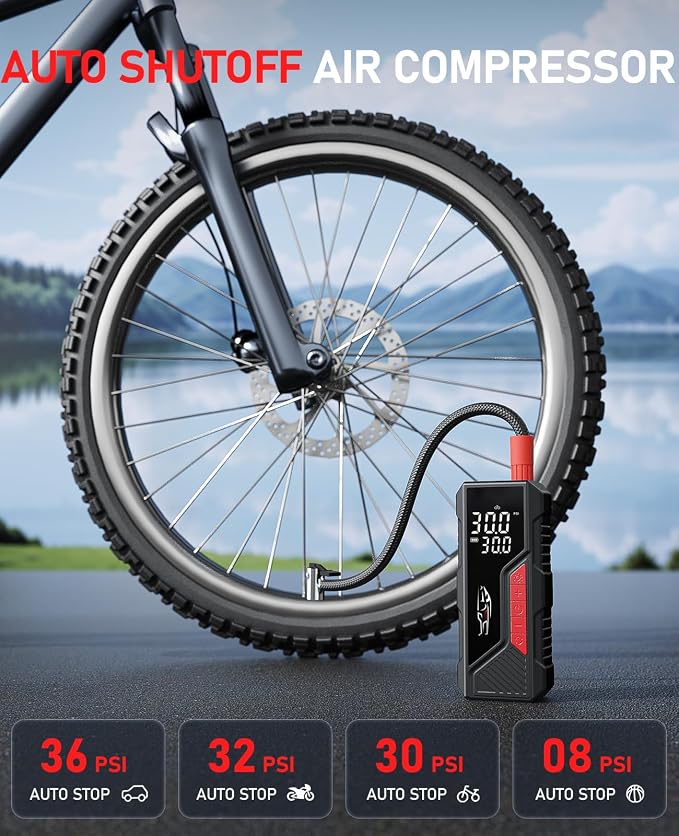 Dual Power Tire Inflator Portable Air Compressor, 12V DC & Battery Air Pump | 150PSI, Cordless, Pressure Gauge, Auto Shutoff, LED Light, One-Click Start, for Car, Motorcycle, Bike, Sports Ball