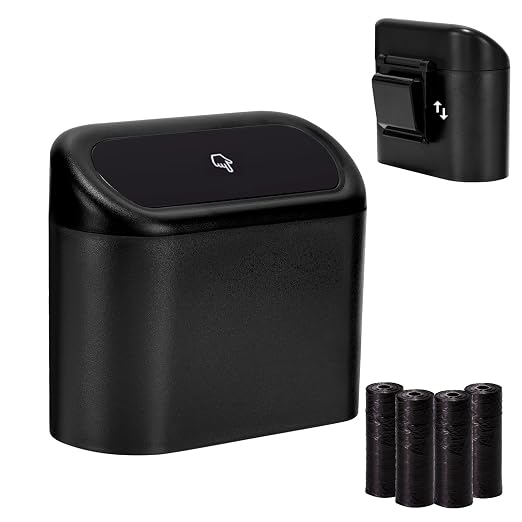 Mini Car Trash Can with Lid, Small Car Garbage Can, Cute Leakproof ABS Car Trash Bin, Car Accessories for Interior, Garbage Bin for Car, Home, Office with 60pcs Trash Bags Black