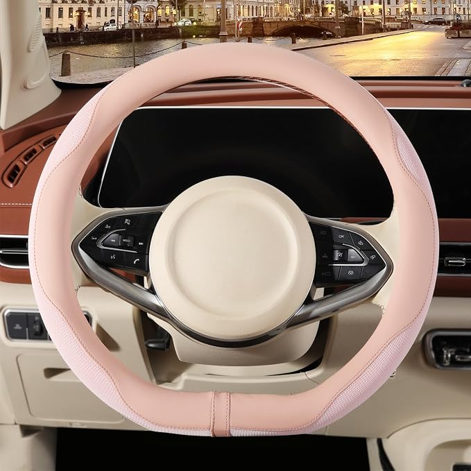 14 inch D Shaped Steering Wheel Cover for Prius Civic, Nappa Microfiber Leather Non-Slip Breathable Fabric, Warm in Winter and Cool in Summer, Pink Small 13.5 inch to 14 inch