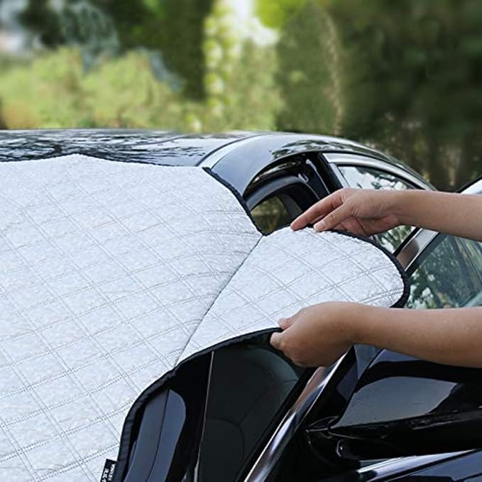 Car Windshield Snow Cover with 4 Layers Protection Winter Frost Snow Ice Cover Auto Sun Shade for Cars Trucks Vans and SUVs(No Elastic Bands Included)