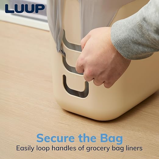 Luup Bathroom Wastebasket, Secure Grocery Bags, Plastic Garbage Container for Vanity, Laundry Room, Kitchen, Office, 2.5 Gallon, Beige, Made in USA