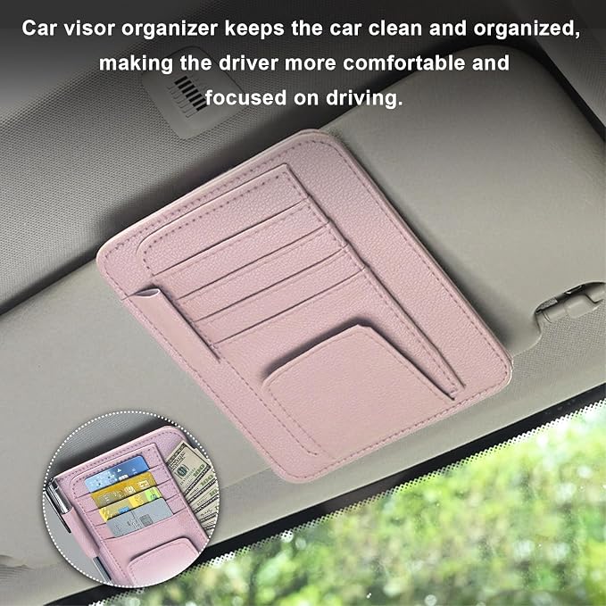 2PCS Small Leather Car Sun Visor Organizer, Multifunctional Auto Visor Document Holder with Sunglasses Clip, Universal Car Interior Organizer for Drving License, Card, Pen (Pink)