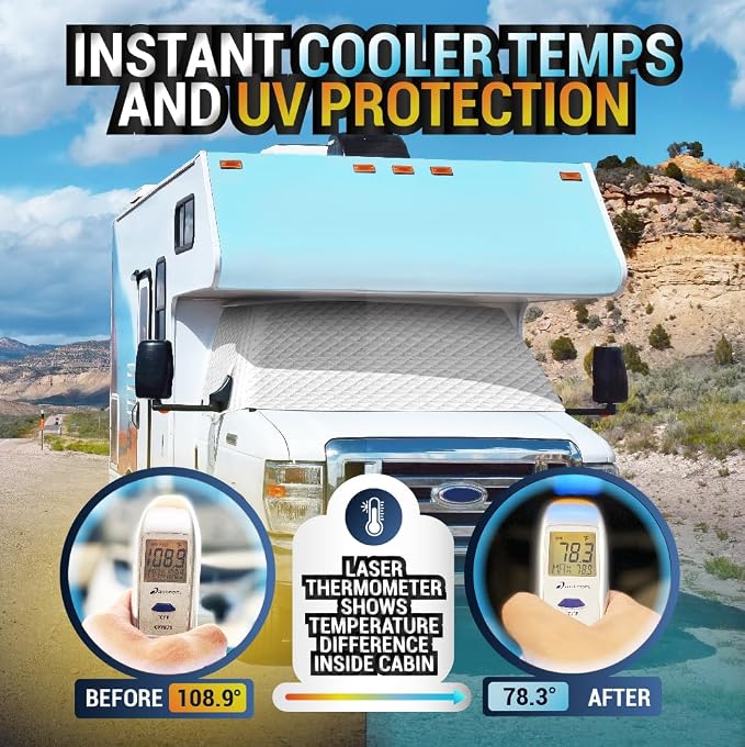 LATCH.IT RV Windshield Cover for Ford Class C E450 1997-2026 | Windshield Cover for RV Class C NOT for Transit Vans | RV Front Window Cover with Mirror Cutout & Corner Bands | Add Privacy & Protection