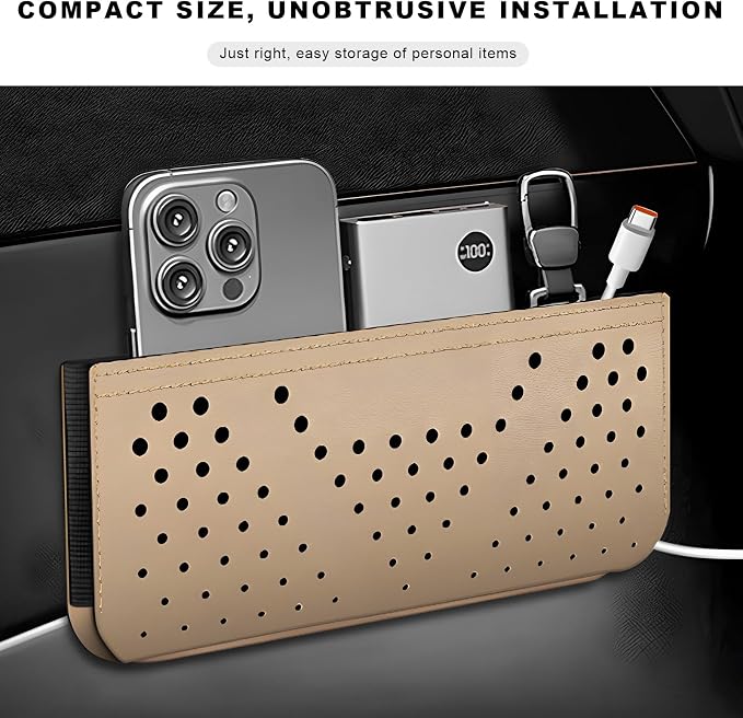 Car Seat Side Pocket Organizer, Auto Center Console Storage Pocket with Adhesive Tape, Multifunctional Leather Tray Pouch Sunglasses Holder for Car Seat Door Window (Beige)