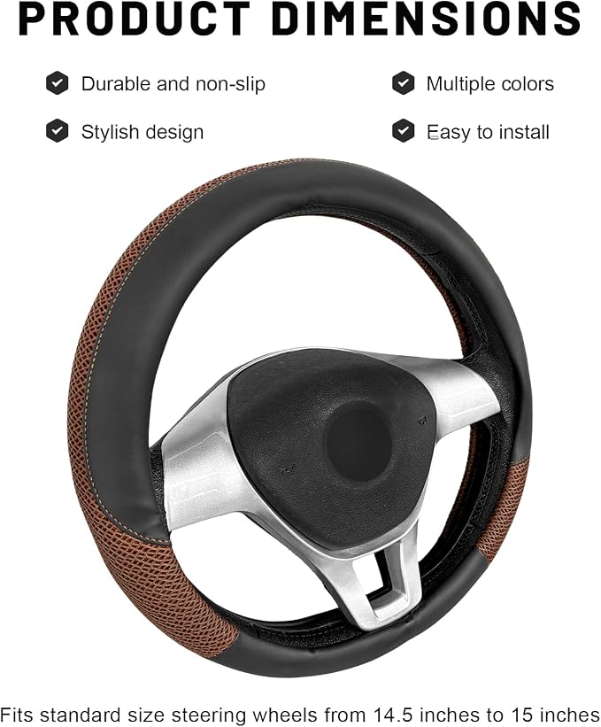Sun Walker Steering Wheel Cover, 15 inch Breathable Steering Wheel Protector with Anti-Slip Lining, Comfortable Wheel Wrap Cover for Most Vehicles, Universal Car Accessories (Coffee)