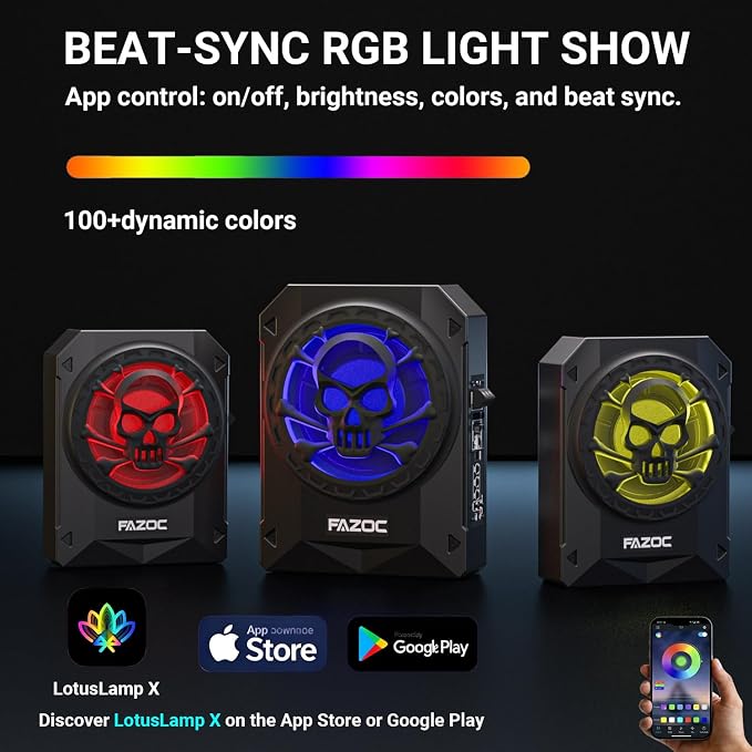 Car Underseat Subwoofer Amp – 10" 1200W RGB, fits SUV/Truck,Skull | Powered sub and amp package with adjustable gain, bass boost & low pass, plus beat-synced RGB lighting for under-seat install
