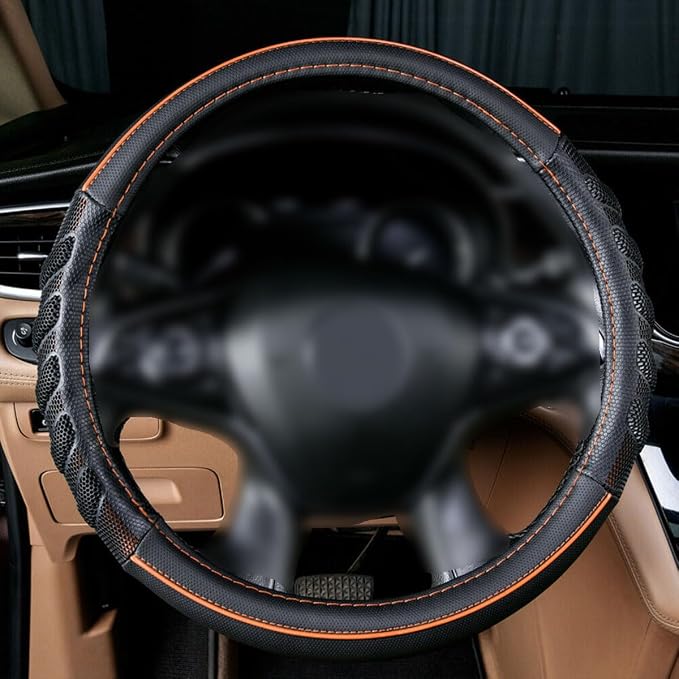 car Steering Wheel Cover Faux Leather Massage Universal fit 3D Honeycomb Hole Anti-Slip Sporty 15 Inches (Orange Black)