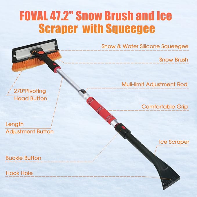 47.2" Extendable Ice Scraper Snow Brush with Squeegee for Windshield Window Car Trucks SUVs, 270° Pivoting Brush Head, Essential Winter Tool Ice Snow Remover with Comfortable Foam Grip