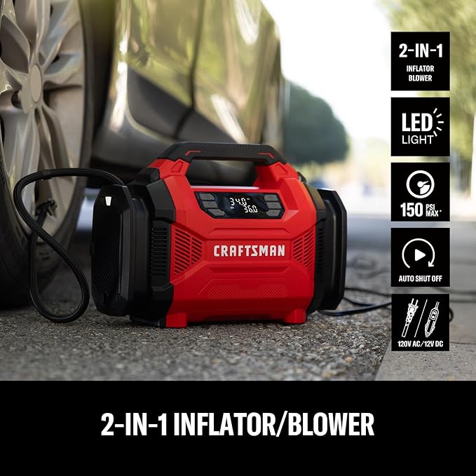 Dual Power Tire Inflator with Digital Gauge & Auto Shut-Off | 12V DC Car Plug and 120V AC Home Use with Up to 150 PSI, LED Light, Portable Air Pump for Car Tires, Bikes and Inflatables