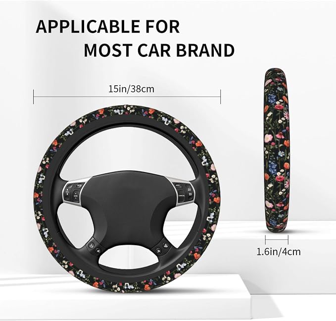 Wildflower Car Steering Wheel Cover + 2 Car Flower Cup Coasters | Anti-slip Universal Breathable 14 - 15-In For Women Wildflower Steering Wheel protection