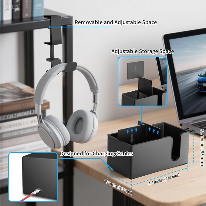 4-in-1 Desk Organizer- Large Desk Cup Holder Clamp with Headphone Stand, Pencil Holder and Phone Stand - Detachable, Rotating Hanger, Office & PC Gaming Accessories for Cup, Phone and Pen