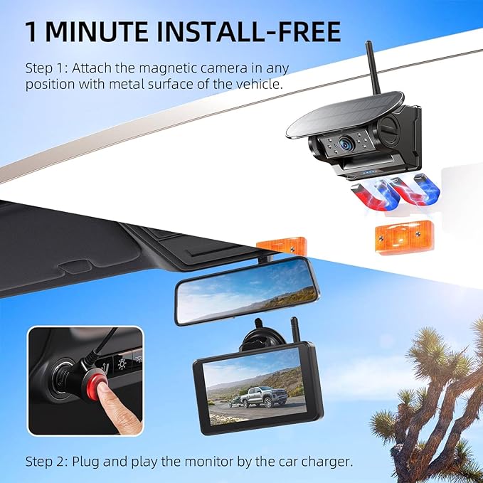 Magnetic Solar Wireless Backup Camera: HD1080P 5” Touchscreen Portable with DVR, BSD, 1-Min Install-Free IR Night Vision Hitch Backup Camera for Trailer/Truck/Small RV/Camper/Tractor-AWTCM501