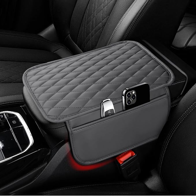 Car Center Console Cover Upgraded Microfiber Leather Car Arm Rest Cover with 2 Storage Bags Universal Armrest Cover for Car Storage Box Car Interior Accessories Protector for Most Vehicle-Gray