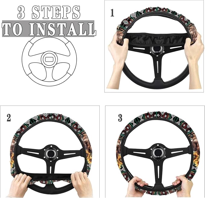 Aztec Highland Cow Sunflower Car Steering Wheel Cover Universal 15 Inch Breathable Better Grip, Cute Car Accessories Decoration for Women Men