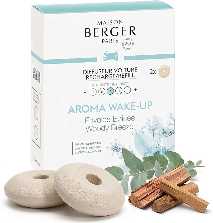 Car Diffuser Refill Set, Aroma Wake Up | Ginger Bergamot Eucalyptus Notes, 2 Ceramic Inserts, Fits Vent Clips, 4-Week Diffusion, Made in France