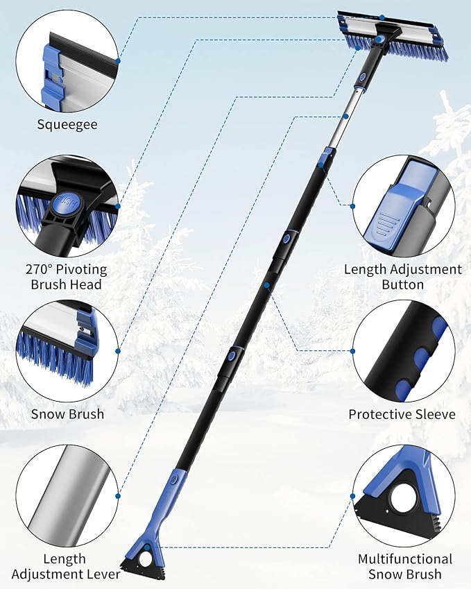 61.3″ Ice Scraper and Long Handle Snow Brush, 270° Pivoting Extendable Car Snow Scraper Brush for Car Windshield, Telescoping Ice Scraper, Snow Remover for Cars, Trucks, SUV (Blue)