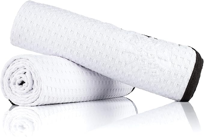 Dry Me A River, Professional Korean 70/30 Blend Microfiber Waffle-Weave Drying & Detailing Towels, Soft Suede Edges, 390 GSM, 20x40 Inches, White, 2-Pack