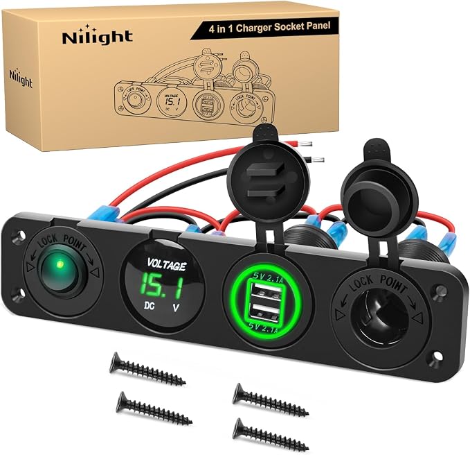4 in 1 ON Off Charger Panel Dual USB Power Outlet Green LED Voltmeter and Cigarette Lighter Outlet LED Lighted On-Off Rocker Toggle Switch for Truck Car Marine Boats RV