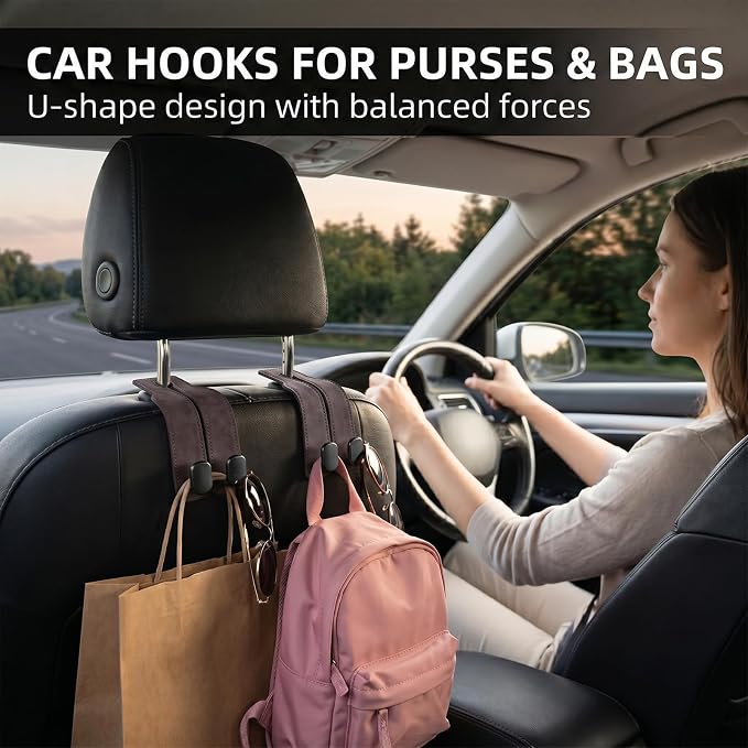 Car Seat Hooks Dual Hangers Storage Organization Gadgets Accessories 2 Pack | Headrest Holder for Purses, Bags, Coat and Handbag, 360° Rotating, Car Interior Gadgets Universal for Truck, ATV, RV - Brown