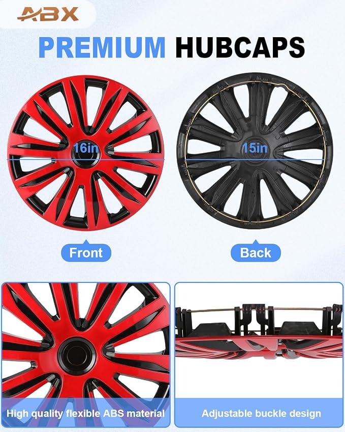 Hubcap Wheel Covers Hub Caps 16 Inch Set of 4 Black & Red Universal Wheel Rim Cover R16 Stylish Car Decor Wheel Covers