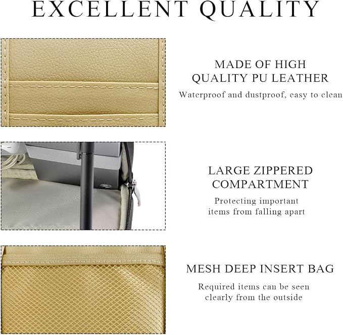 Car Sun Visor Organizer, Double Zipper Leather Visor Storage Pouch with Multi-Pocket, Sunglass Holder Storage Pocket with Elastic Band for Cars SUVs Trucks, Car Accessories (Beige)