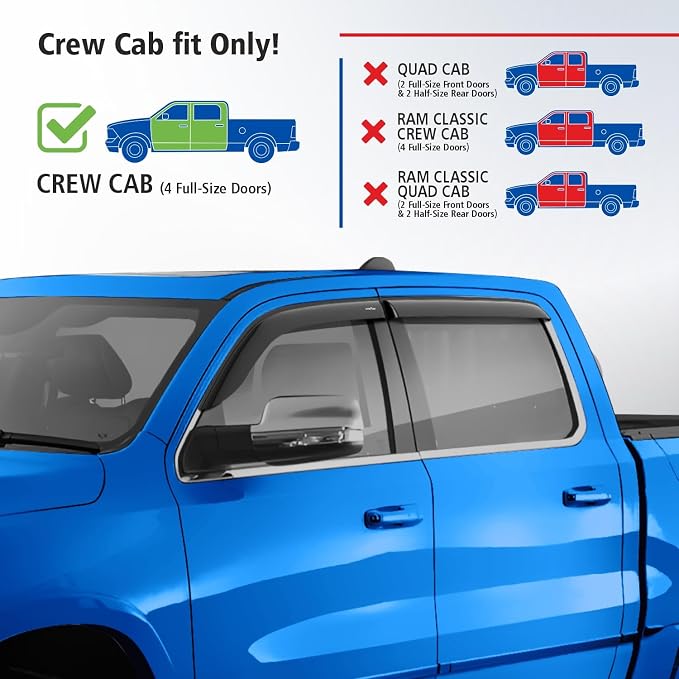 Goodyear Shatterproof Window Deflectors for Dodge Ram 1500 2019-2026 Crew Cab, Tape-on Rain Guards, Window Visors, Vent Deflector Visor, Car Accessories, 4 pcs. - GY008878