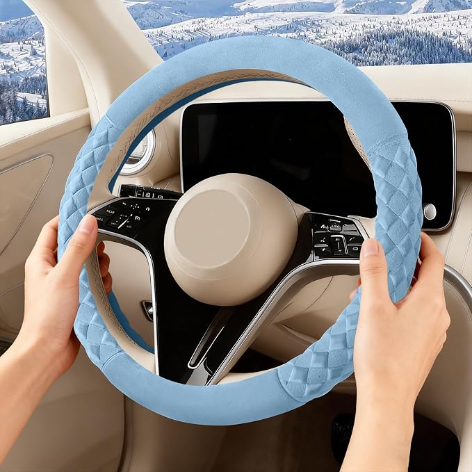 Sapphire Blue Diamond Patterned Plush Steering Wheel Cover, for Universal Auto Steering Wheel 14.5-15 in, Short Fluffy, Anti-Slip, Soft Plush, Comforting and Luxurious, Odorless, Soft Texture