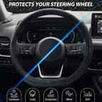 Diamond Flat Bottom Steering Wheel Cover, D Shaped Car Wheel Cover 14 1/2-15 in. (37-39 cm), Bling Sparkly Rhinestones, Black with Black Diamond