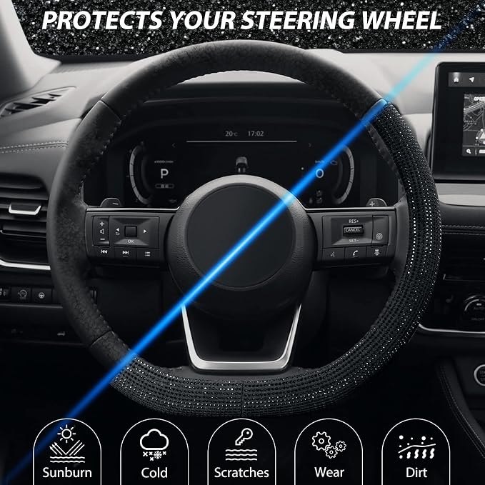 Diamond Flat Bottom Steering Wheel Cover, D Shaped Car Wheel Cover 14 1/2-15 in. (37-39 cm), Bling Sparkly Rhinestones, Black with Black Diamond