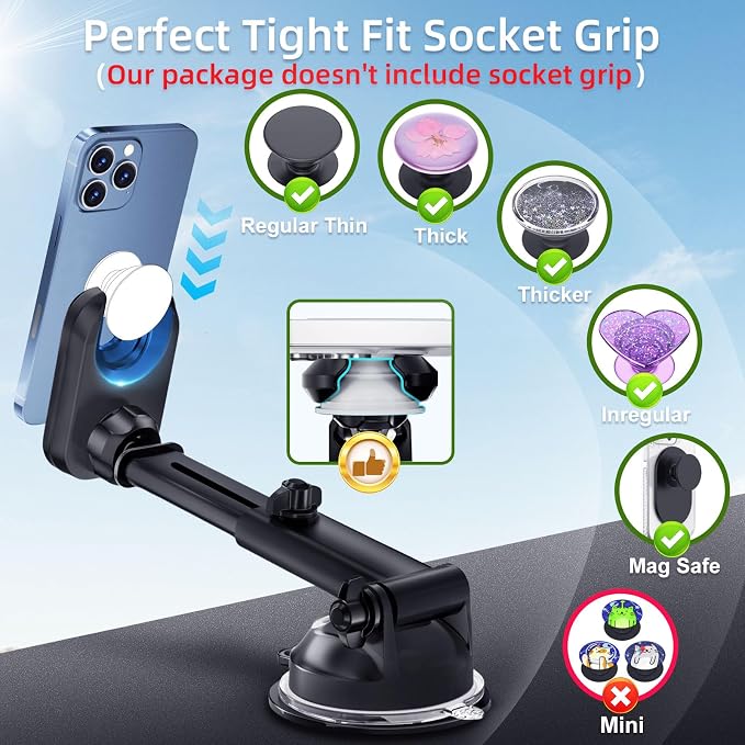 Car Phone Mount for Pop Socket: Suction Cup Cell Phone Holders for Automobile Dashboard Windshield Window - Dash Mounted Cellphone Stand Black Fits Thick Socket Wallet Grip for iPhone Samsung