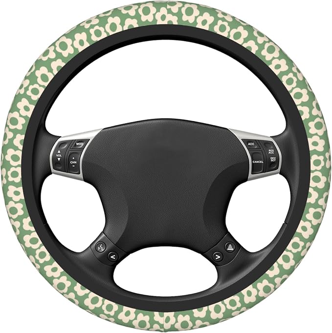 Vintage Groovy Flowers Steering Wheel Cover Cute Universal 15 Inch Car Accessories Protector for Women Fit Auto SUV Sedan Vans Trucks